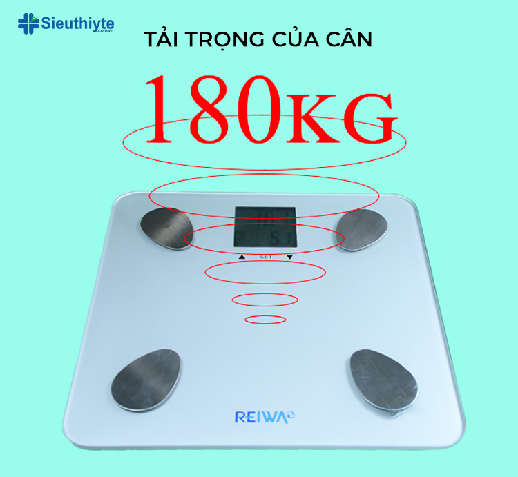 Tải trọng của cân điện tử Reiwa lên đến 180kg, mặt kính cường lực chịu va đập mạnh