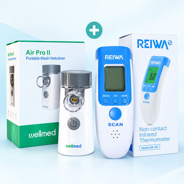 Combo Nhiệt Kế Hồng Ngoại Reiwa JXB-183 & Máy Xông Khí Dung Dạng Lưới Wellmed Air Pro II