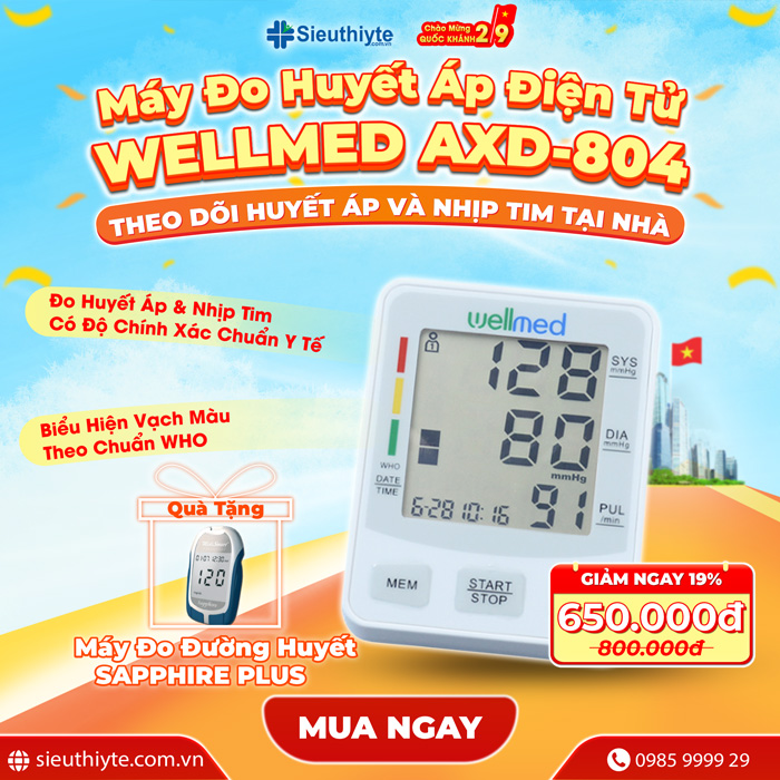 Chủ động theo dõi huyết áp và nhịp tim tại nhà chuẩn xác với Máy Đo Huyết Áp Điện Tử Bắp Tay Wellmed AXD-804 GIẢM 19% + Tặng kèm 1 Máy Đo Đường Huyết