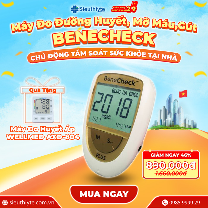 Tầm soát Gút (Acid Uric) nhanh chóng, chính xác tại nhà cùng Máy Đo Đường Huyết, Mỡ Máu, gút BeneCheck GIẢM 46% + Tặng kèm 1 Máy Đo Huyết Áp Điện Tử Bắp Tay