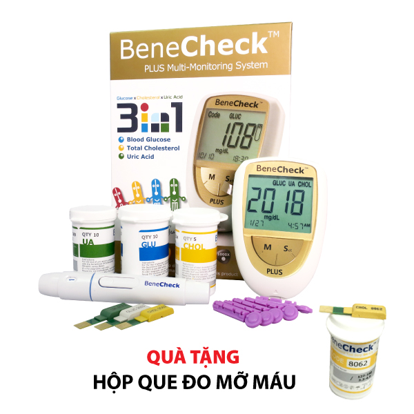 Trọn Bộ Máy Đo Đường Huyết, Mỡ Máu, Gút BeneCheck 3in1 Chính Hãng