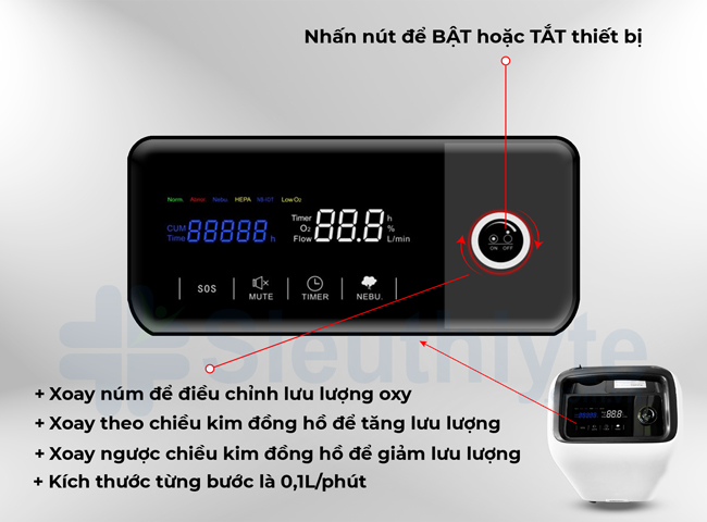 Nút bật/tắt thiết bị - Núm điều chỉnh lưu lượng oxy